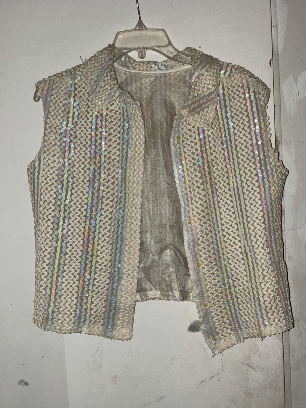 Vintage 80s Cream Sequin-Striped Knit Vest - Women Jackets & Coats